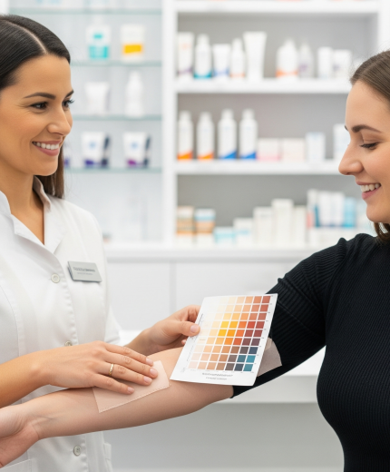 El Consejo Experto en Fotoprotección: Personalización según Fototipo y Necesidades Específicas  Farmacéutica comprobando el fototipo de una paciente