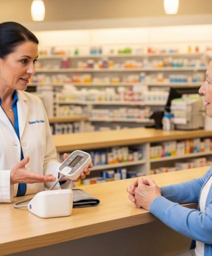 El Farmacéutico como Educador Sanitario: El Pilar del Autocuidado Responsable  Una farmacéutica aconseja sobre autocuidado responsable con un tensiómetro a una paciente mayor
