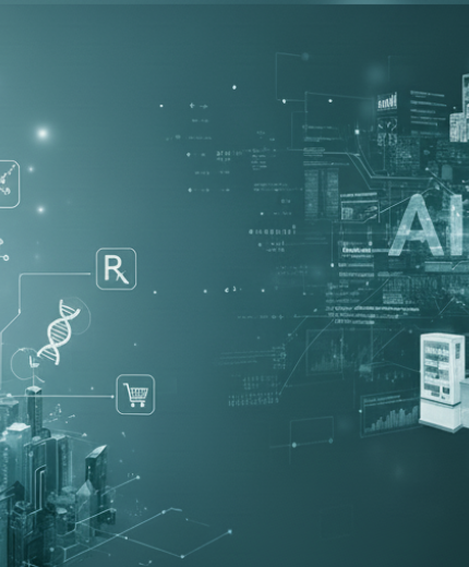 Revolución Silenciosa: Cómo la Inteligencia Artificial está Redefiniendo la Gestión Farmacéutica Imagen futurista de un farmacéutico gestionando todo lo relacionado a su farmacia a través del ciberespacio con IA