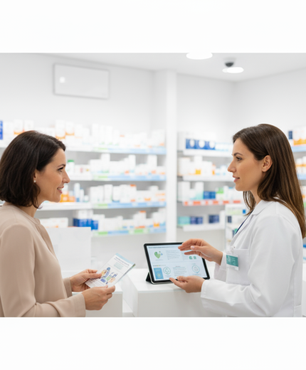 El Consejo Farmacéutico en la Salud Mental: Herramientas para el Abordaje del Insomnio, la Ansiedad y el Estrés desde el Mostrador Una farmacéutica habla con una mujer sobre consejo en insomnio, estrés o ansiedad